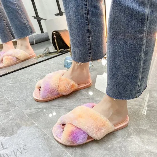 Rainbow Criss Cross Plush Slippers