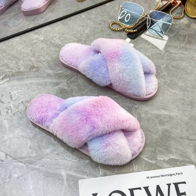 Rainbow Criss Cross Plush Slippers