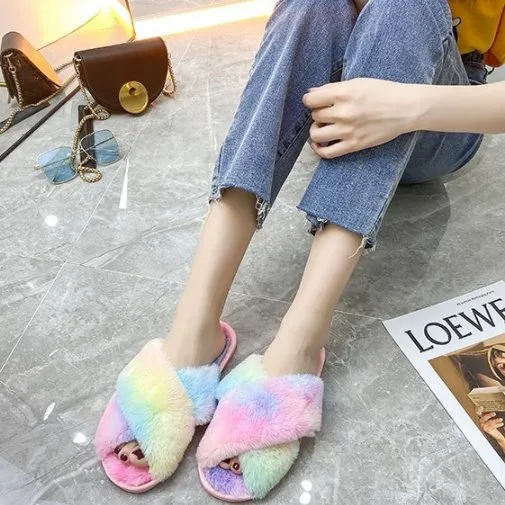 Rainbow Criss Cross Plush Slippers