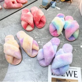 Rainbow Criss Cross Plush Slippers