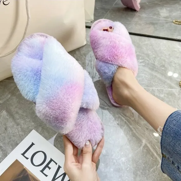 Rainbow Criss Cross Plush Slippers