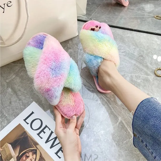 Rainbow Criss Cross Plush Slippers