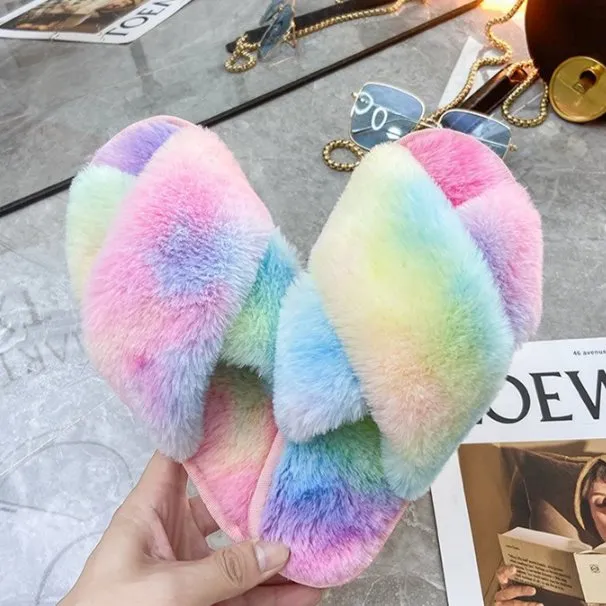 Rainbow Criss Cross Plush Slippers