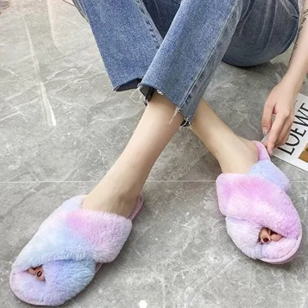 Rainbow Criss Cross Plush Slippers