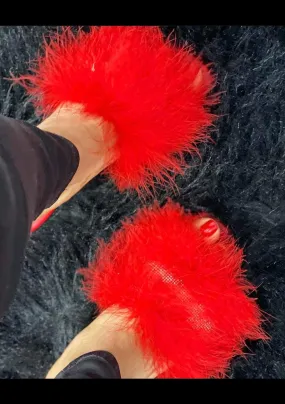 Red  Fluffy Slides Flats