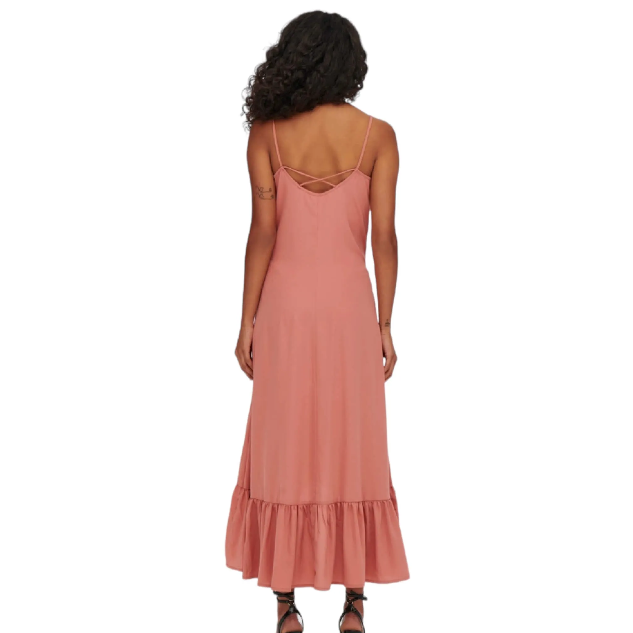 Rose Sleeveless V Neck Frilly Trim Maxi Dress