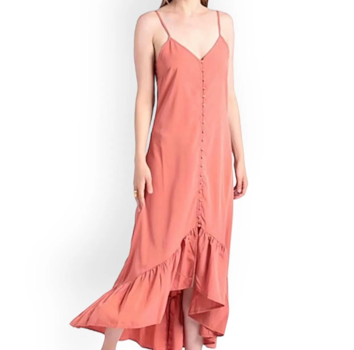 Rose Sleeveless V Neck Frilly Trim Maxi Dress