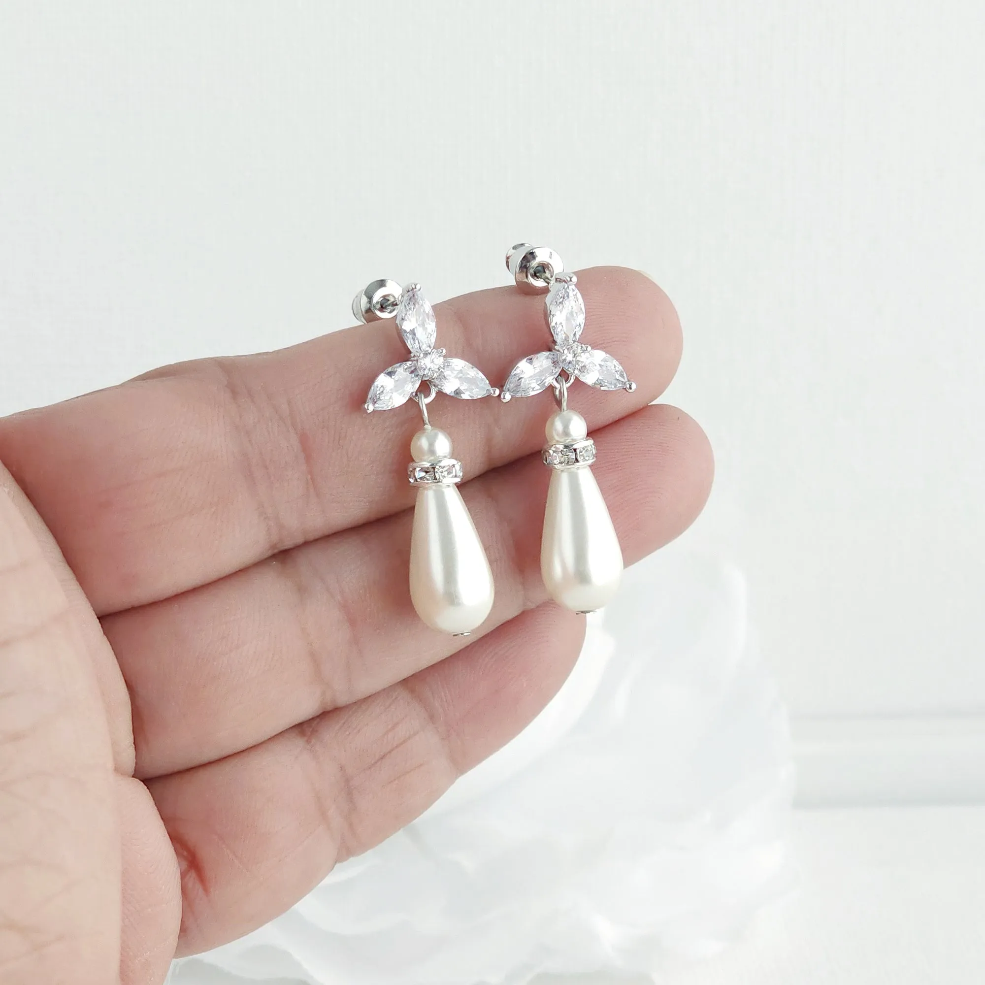 Simple Pearl Earrings for Weddings- Flora