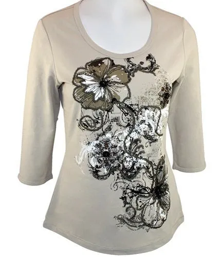 Tribal, Floral Print, Rhinestone Accented, Round Scoop Neck, Beige Top