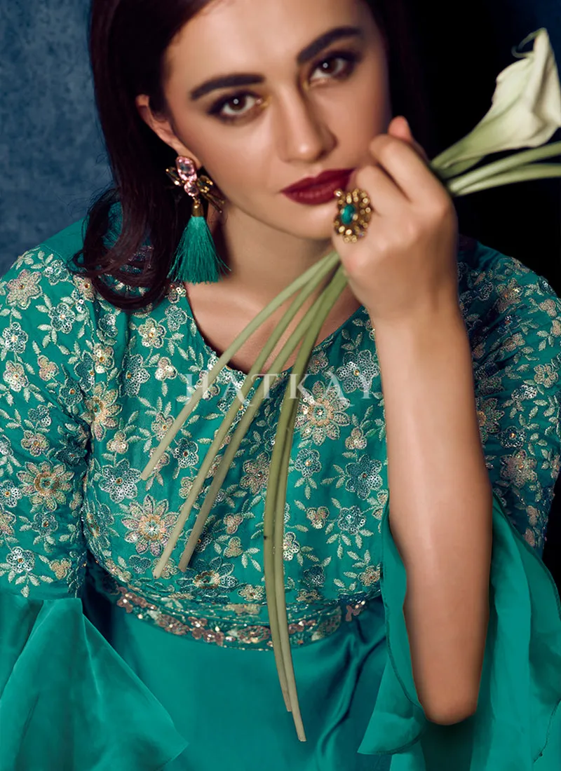 Turquoise Sequence Embroidered Designer Gown