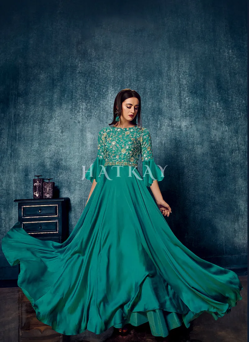 Turquoise Sequence Embroidered Designer Gown