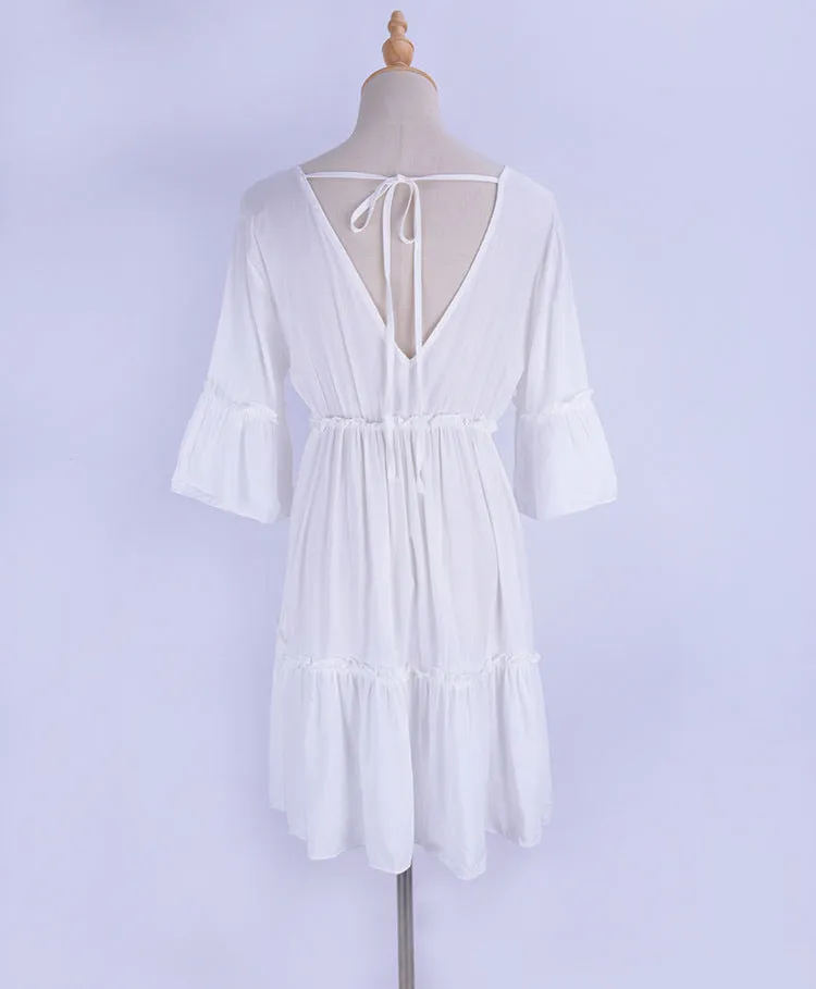 White Midi Sleeve Deep V Back Frill Mini Dress