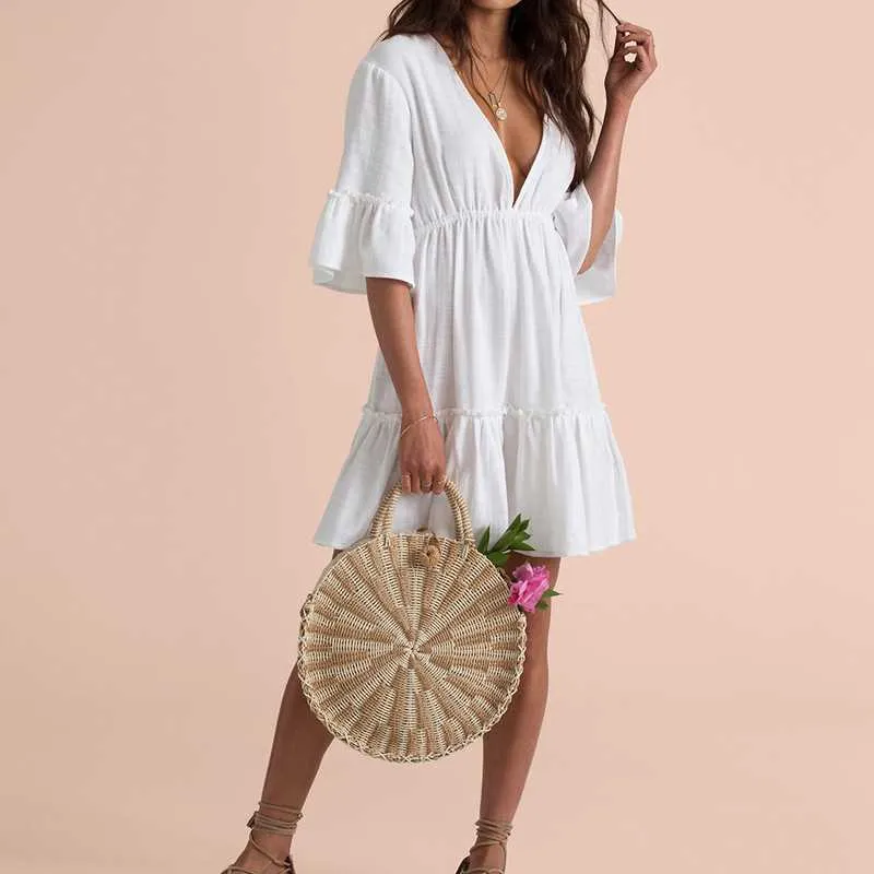 White Midi Sleeve Deep V Back Frill Mini Dress