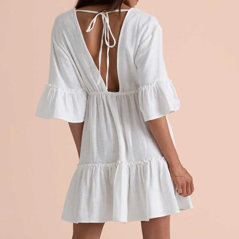 White Midi Sleeve Deep V Back Frill Mini Dress