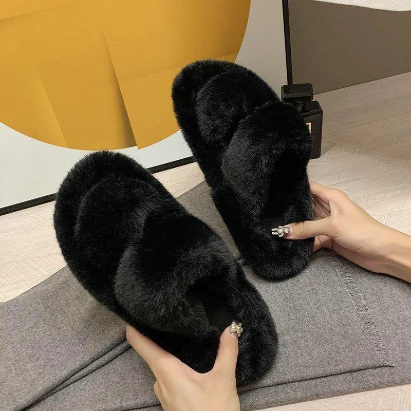 Winter Double Strap Fluffy Slippers