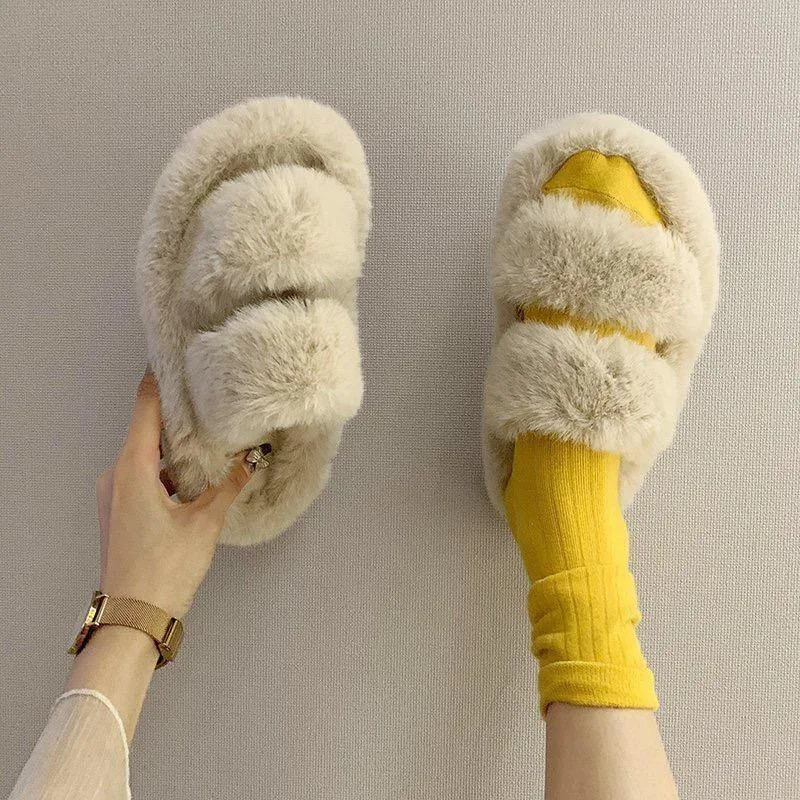 Winter Double Strap Fluffy Slippers