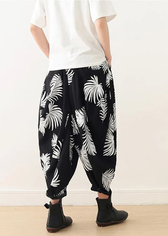 Women White Print Elastic Waist Cotton Pants