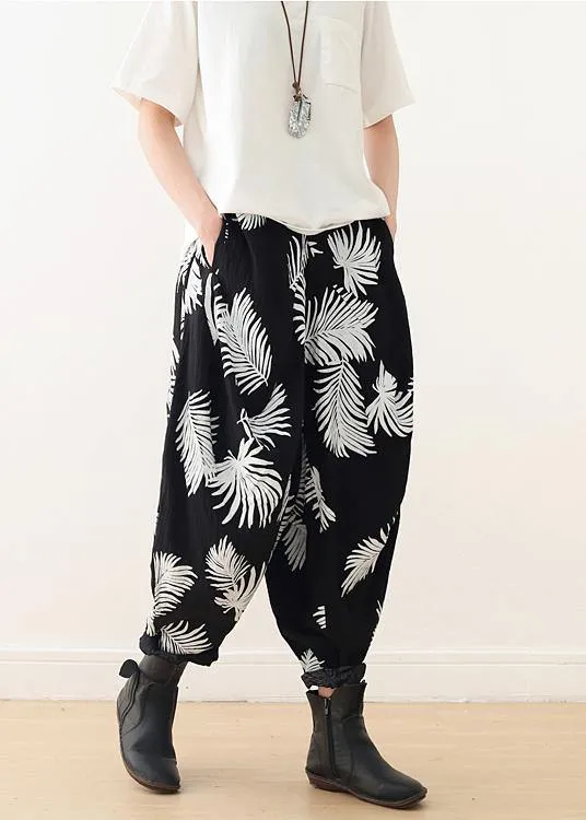 Women White Print Elastic Waist Cotton Pants