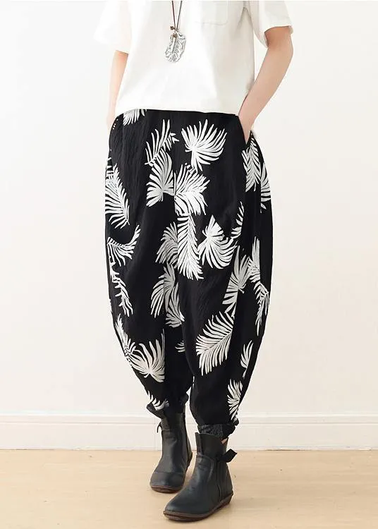 Women White Print Elastic Waist Cotton Pants