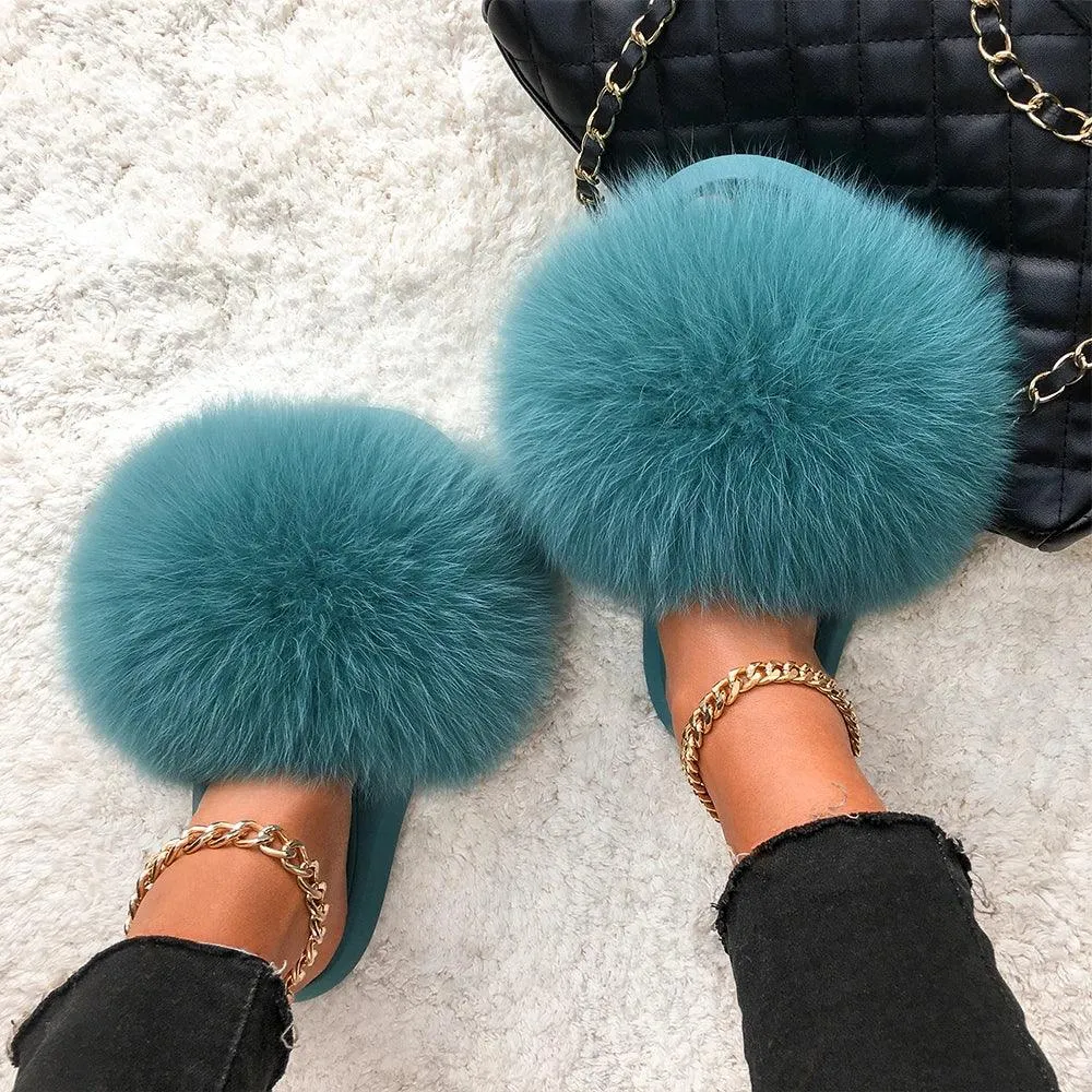 Women's Fluffy Fox Fur Slippers - Plush Sandals for Comfort and Style