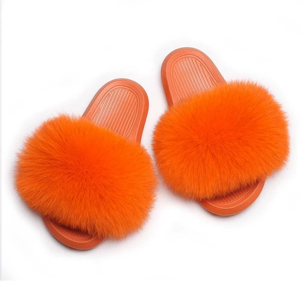 Women's Fluffy Fox Fur Slippers - Plush Sandals for Comfort and Style