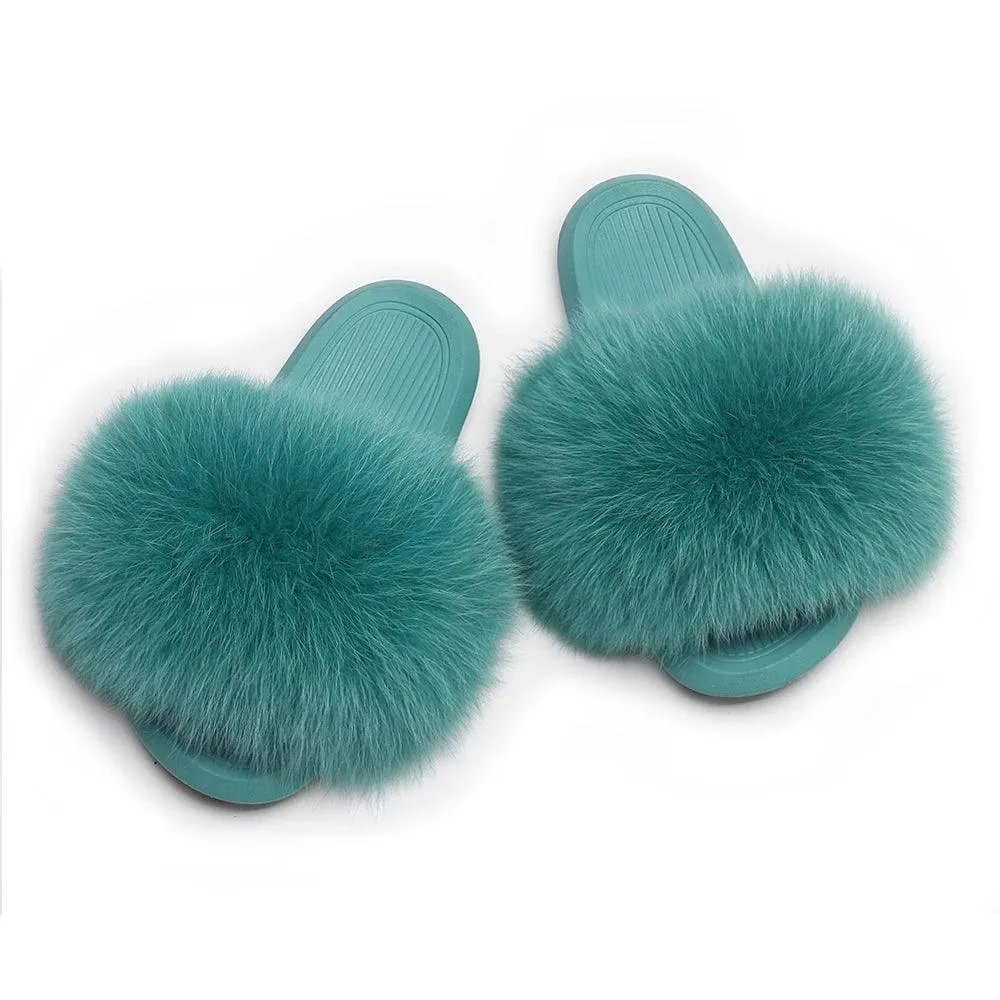 Women's Fluffy Fox Fur Slippers - Plush Sandals for Comfort and Style