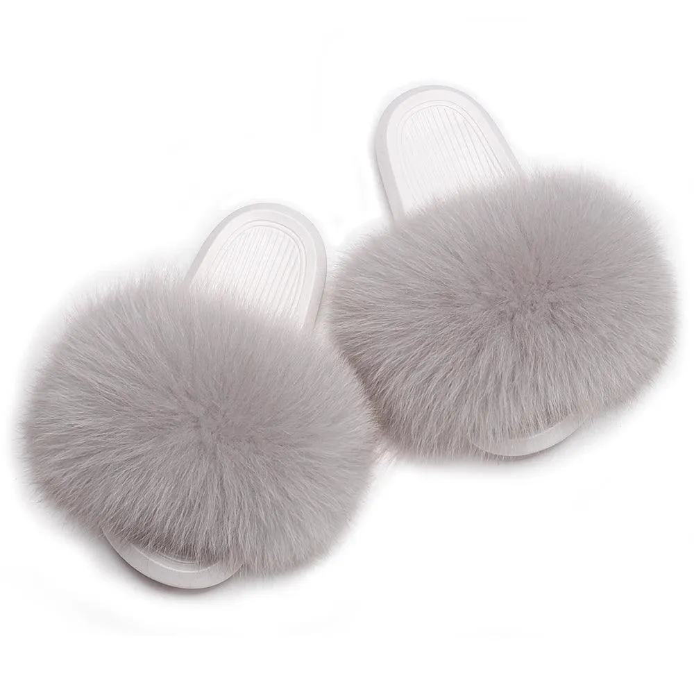 Women's Fluffy Fox Fur Slippers - Plush Sandals for Comfort and Style