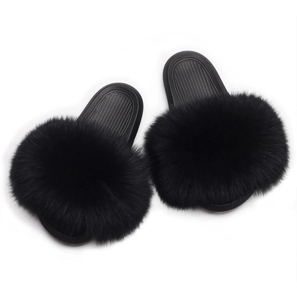 Women's Fluffy Fox Fur Slippers - Plush Sandals for Comfort and Style