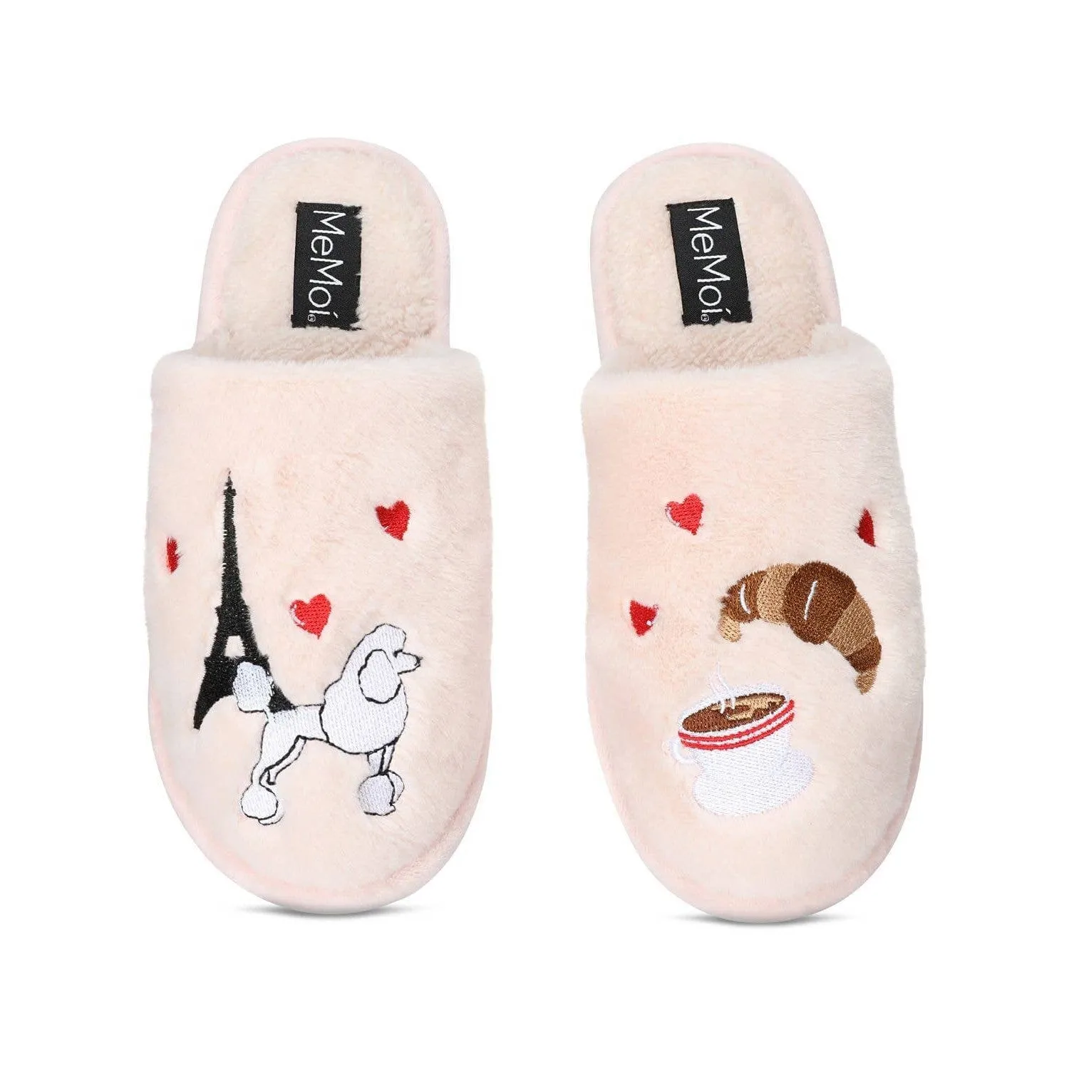 Women's I Love Paris Plush Slippers in Pale Blush | Indoor Slip-on Lady Slippers [Sizes S-L]